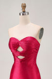 Strapless Cut Out Fuchsia Beaded Tight Graduation Dress
