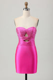 Strapless Cut Out Fuchsia Beaded Tight Graduation Dress