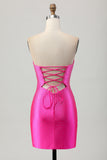 Fuchsia Strapless Cut Out Beaded Bodycon Graduation Dress