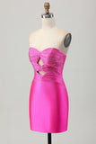 Fuchsia Strapless Cut Out Beaded Bodycon Graduation Dress