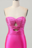 Fuchsia Strapless Cut Out Beaded Bodycon Graduation Dress