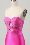Fuchsia Strapless Cut Out Beaded Bodycon Graduation Dress