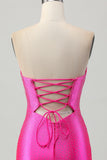 Fuchsia Strapless Cut Out Beaded Bodycon Graduation Dress