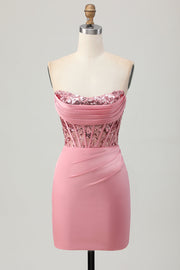 Strapless Blush Corset Sequins Bodycon Graduation Dress