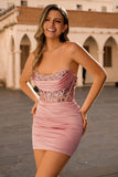 Blush Strapless Corset Short Bodycon Graduation Dress with Sequins