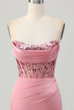 Strapless Blush Corset Sequins Bodycon Graduation Dress