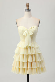Yellow Strapless A Line Tiered Graduation Dress with Bow