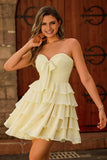 Cute Light Yellow Strapless Tiered A Line Graduation Dress with Bow