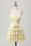 Yellow Strapless A Line Tiered Graduation Dress with Bow