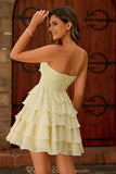 Cute Light Yellow Strapless Tiered A Line Graduation Dress with Bow