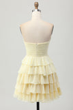 Yellow Strapless A Line Tiered Graduation Dress with Bow