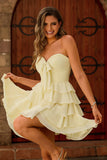 Cute Light Yellow Strapless Tiered A Line Graduation Dress with Bow