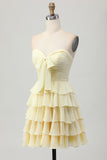 Yellow Strapless A Line Tiered Graduation Dress with Bow