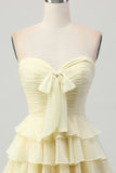 Yellow Strapless A Line Tiered Graduation Dress with Bow