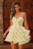 Cute Light Yellow Strapless Tiered A Line Graduation Dress with Bow