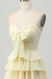 Yellow Strapless A Line Tiered Graduation Dress with Bow