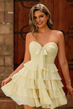 Cute Light Yellow Strapless Tiered A Line Graduation Dress with Bow