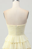 Yellow Strapless A Line Tiered Graduation Dress with Bow