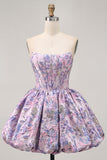 Purple Strapless Brocade A-Line Corset Mini Graduation Dress with Bubble-Hem