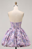 Purple Strapless Brocade A-Line Corset Mini Graduation Dress with Bubble-Hem