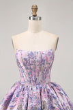 Purple Strapless Brocade A-Line Corset Mini Graduation Dress with Bubble-Hem