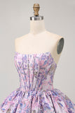 Purple Strapless Brocade A-Line Corset Mini Graduation Dress with Bubble-Hem