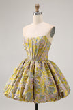 Yellow Strapless Fit and Flare Brocade A-Line Short Graduation Dress