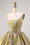 Yellow Strapless Fit and Flare Brocade A-Line Short Graduation Dress
