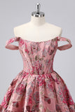 Off The Shoulder Dark Green Brocade Floral A Line Printed Graduation Dress