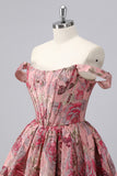 Off The Shoulder Dark Green Brocade Floral A Line Printed Graduation Dress