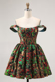 Off The Shoulder Dark Green Brocade Floral A Line Printed Graduation Dress