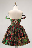 Off The Shoulder Dark Green Brocade Floral A Line Printed Graduation Dress