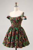 Off The Shoulder Dark Green Brocade Floral A Line Printed Graduation Dress