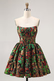 Off The Shoulder Dark Green Brocade Floral A Line Printed Graduation Dress