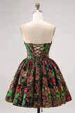 Off The Shoulder Dark Green Brocade Floral A Line Printed Graduation Dress