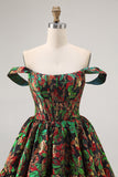 Off The Shoulder Dark Green Brocade Floral A Line Printed Graduation Dress