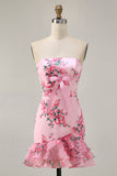Pink Floral Bodycon Strapless Printed Short Graduation Dress with Ruffles