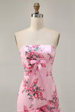 Pink Floral Bodycon Strapless Printed Short Graduation Dress with Ruffles