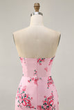 Pink Floral Bodycon Strapless Printed Short Graduation Dress with Ruffles