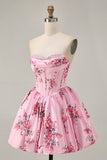 Pink Flower A-Line Strapless Printed Graduation Dress with Beading