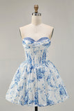 Strapless White Blue Flower A-Line Printed Graduation Dress with Beading