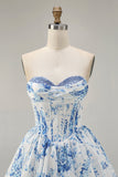 Strapless White Blue Flower A-Line Printed Graduation Dress with Beading