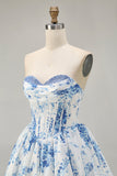 Strapless White Blue Flower A-Line Printed Graduation Dress with Beading