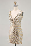 Sparkly Golden Bodycon Sequins V-Neck Graduation Dress