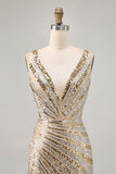 Sparkly Golden Bodycon Sequins V-Neck Graduation Dress