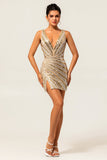 Sparkly Golden Bodycon Sequins V-Neck Graduation Dress