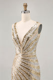 Sparkly Golden Bodycon Sequins V-Neck Graduation Dress