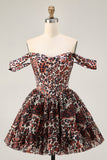 Khaki Leopard Off the Shoulder Corset A Line Mini Graduation Dress