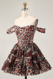 Khaki Leopard Off the Shoulder Corset A Line Mini Graduation Dress
