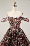 Khaki Leopard Off the Shoulder Corset A Line Mini Graduation Dress